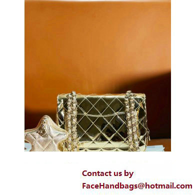 chanel Metallic Mirror Calfskin, Metallic Lambskin  &  Gold-Tone Metal Mini Flap Bag  &  Star Coin Purse AS4646 light gold 2024